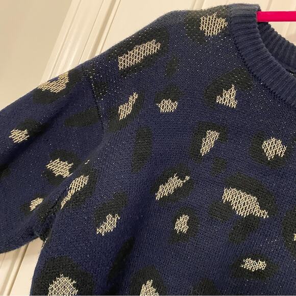 KENDALL & KYLIE • Navy + Gold Leopard Cheetah Animal Print Crew Neck Sweater - Picture 3 of 5